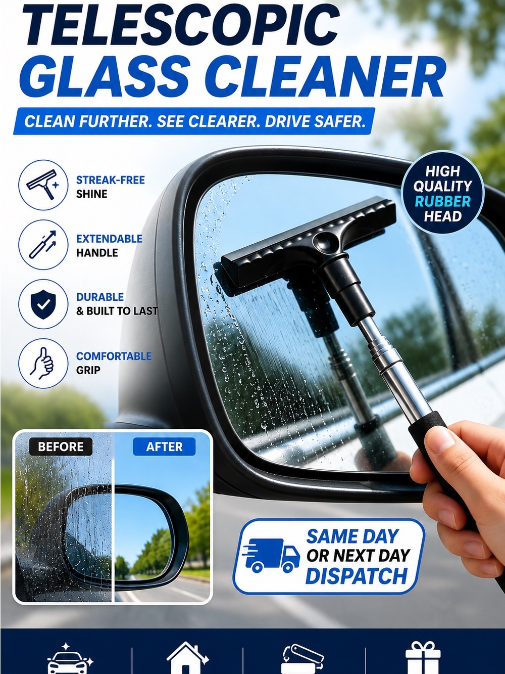 Telescopic Glass Cleaner with Rubber Squeegee Head - Black/Silver